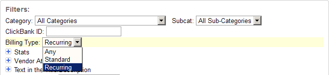 ClickBank billing type filter