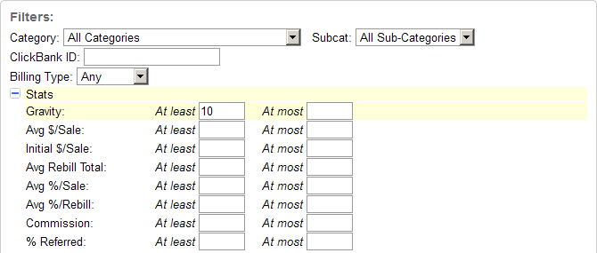 ClickBank stats filter