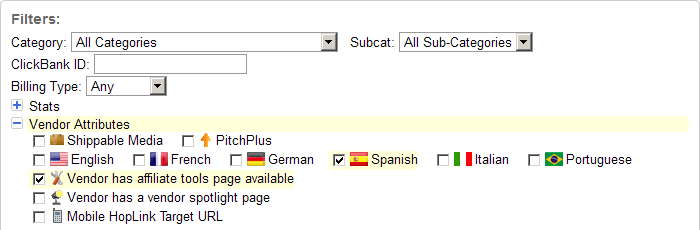 ClickBank vendor attributes filter
