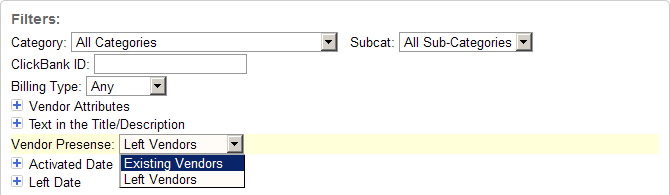ClickBank vendor presence filter